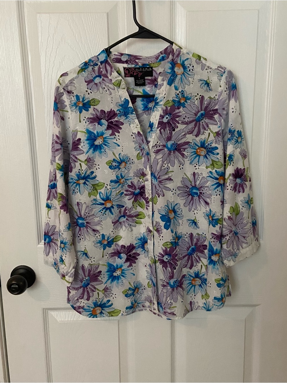 Peck & Peck White Button-Down Blouse with Purple & Blue Floral Print